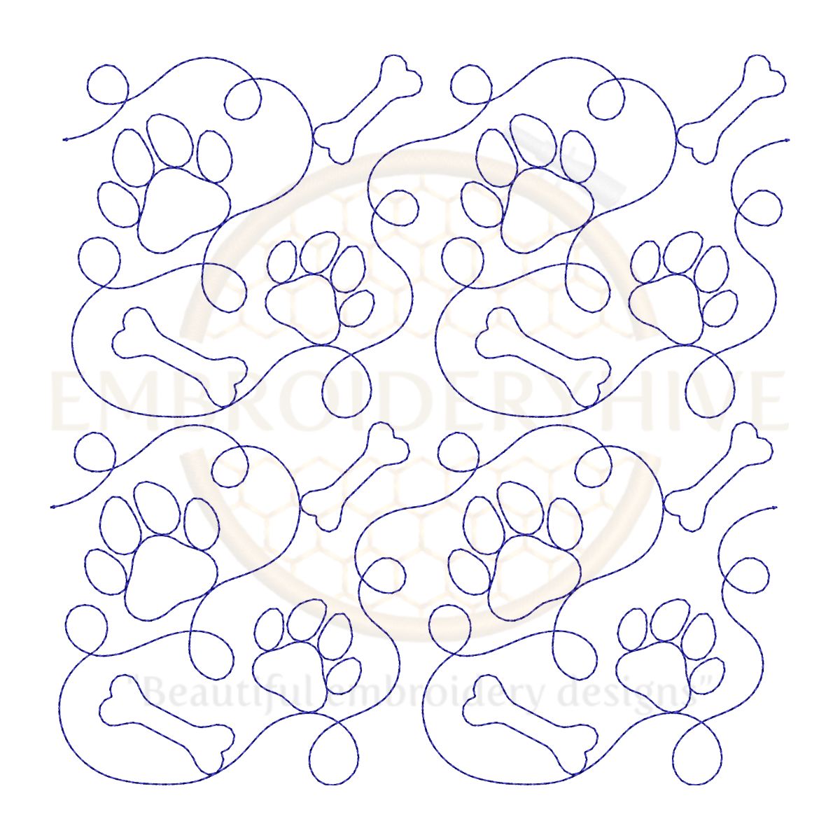 Paw Print and Bone Quilt block embroidery designs in single-run and triple stitch, 27 sizes, 3 to 12 inches.