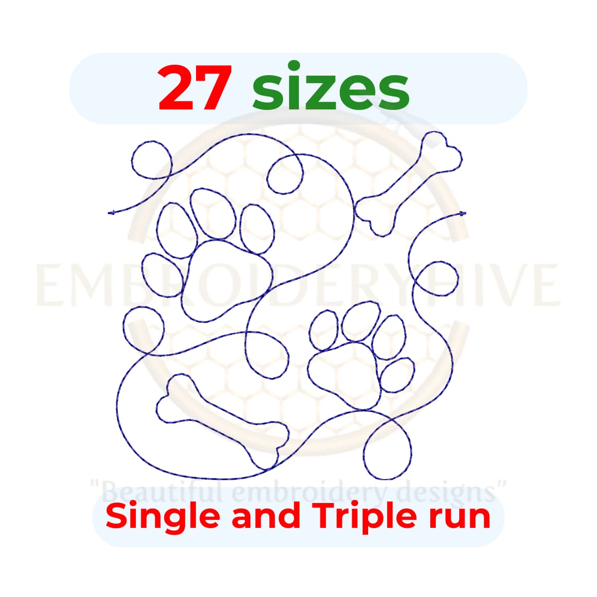 Paw Print and Bone Quilt block embroidery designs in single-run and triple stitch, 27 sizes, 3 to 12 inches.