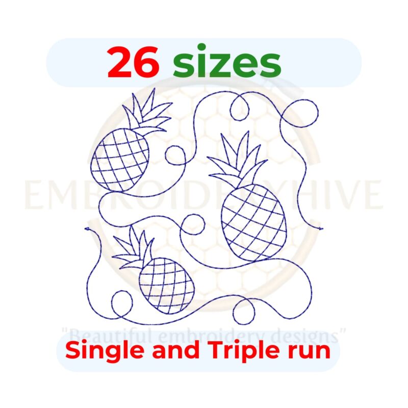 Pineapple Quilt block embroidery designs in single-run and triple (bean) stitch styles, 26 sizes from 3 to 12 inches, for square and rectangular hoops.