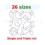 Planet and Moon Quilt block embroidery designs in single-run and triple stitch styles, 26 sizes from 3 to 12 inches.