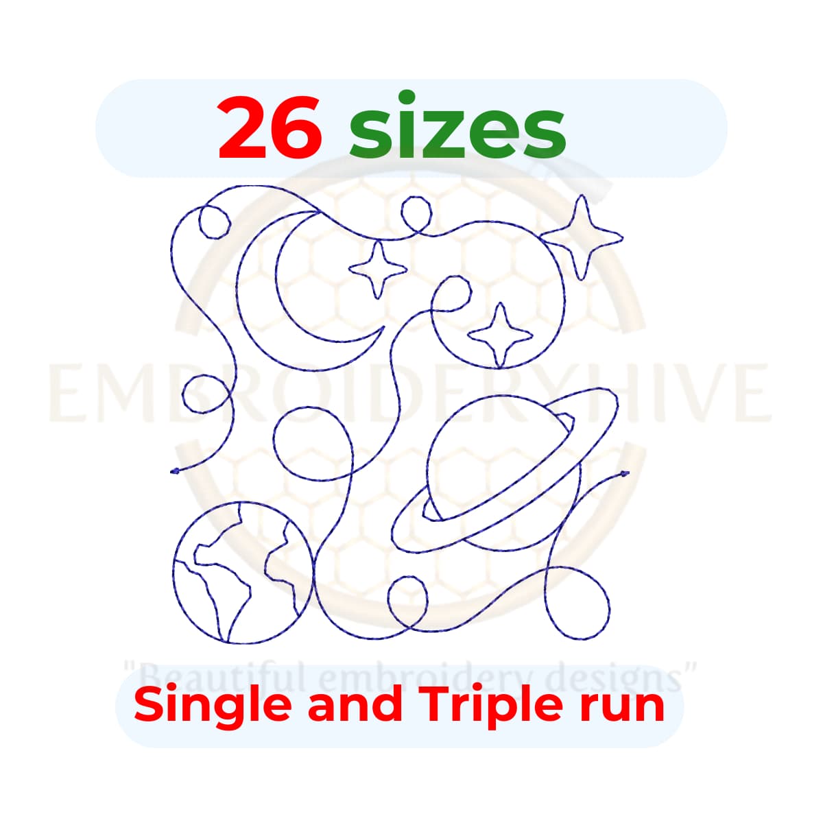 Planet and Moon Quilt block embroidery designs in single-run and triple stitch styles, 26 sizes from 3 to 12 inches.