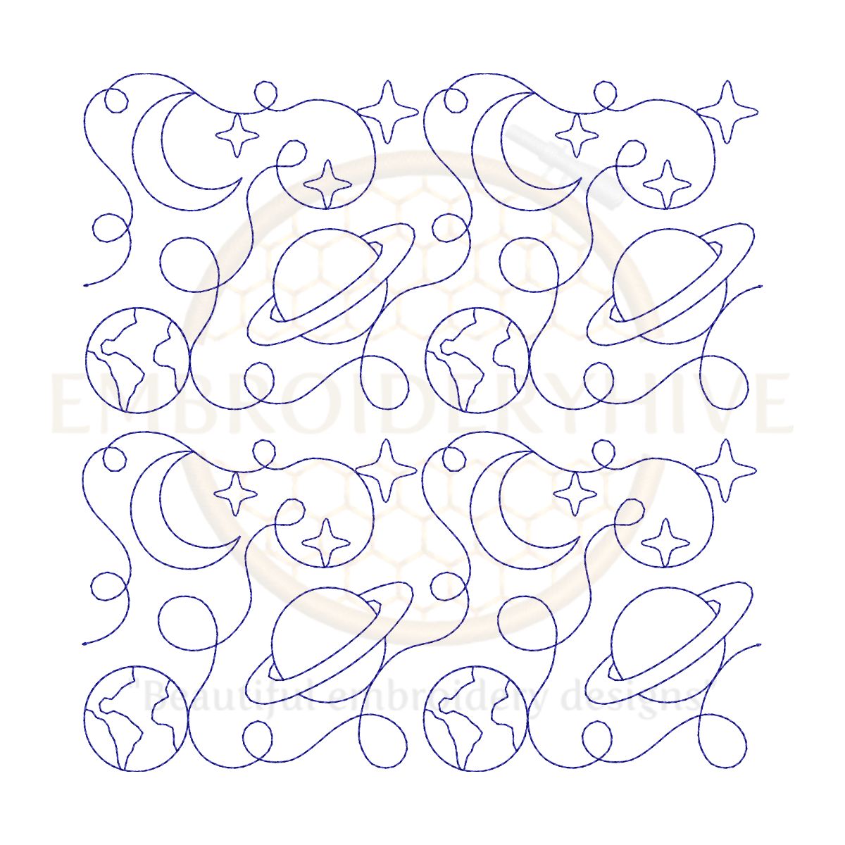 Planet and Moon Quilt block embroidery designs in single-run and triple stitch styles, 26 sizes from 3 to 12 inches.