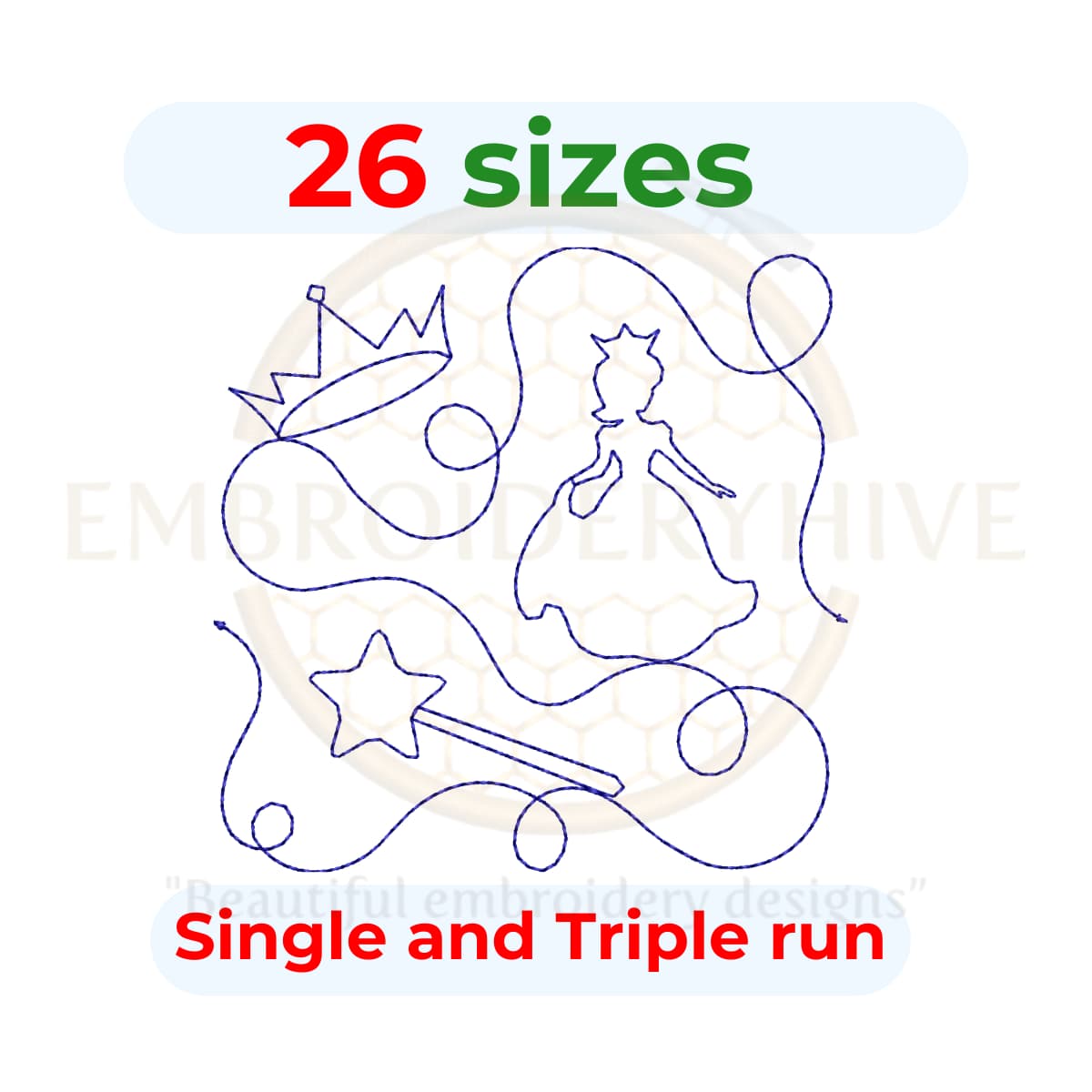 Princess Quilting Machine Embroidery Design – 26 Sizes in Single & Triple Stitch Styles