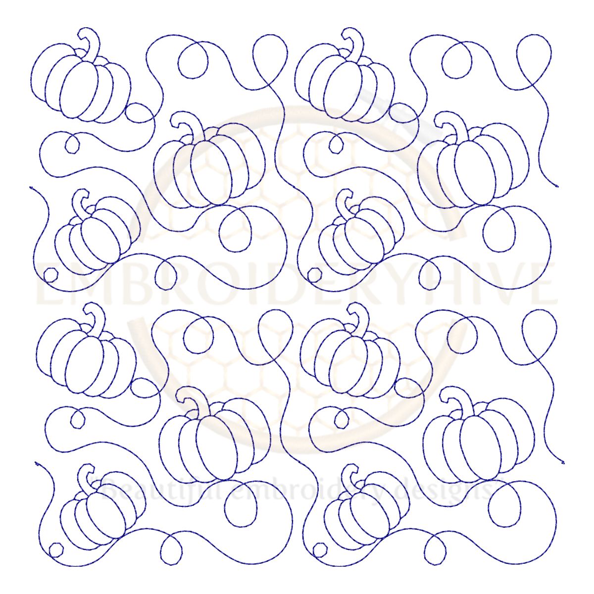 Pumpkin Quilt block embroidery designs in single-run and triple (bean) stitch styles, 26 sizes from 3 to 12 inches, for square and rectangular hoops.