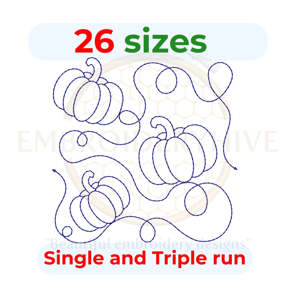 Pumpkin Quilt block embroidery designs in single-run and triple (bean) stitch styles, 26 sizes from 3 to 12 inches, for square and rectangular hoops.