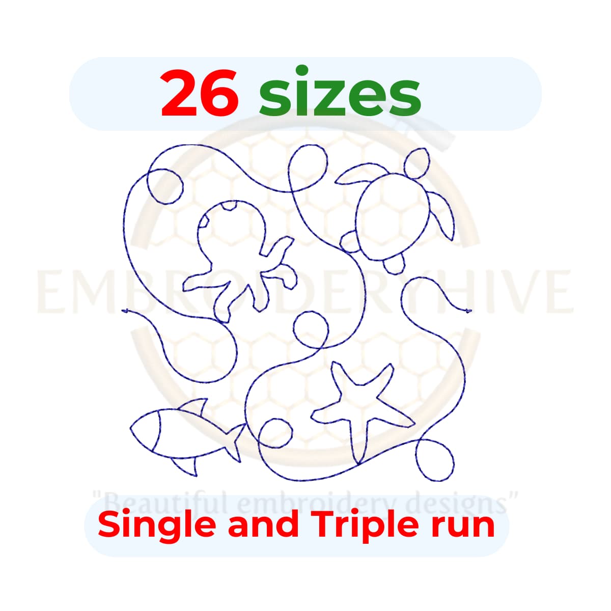 Sea Animals Quilt Block Embroidery Design – Single and Triple Stitch Styles – 26 Sizes Available – Digital Download
