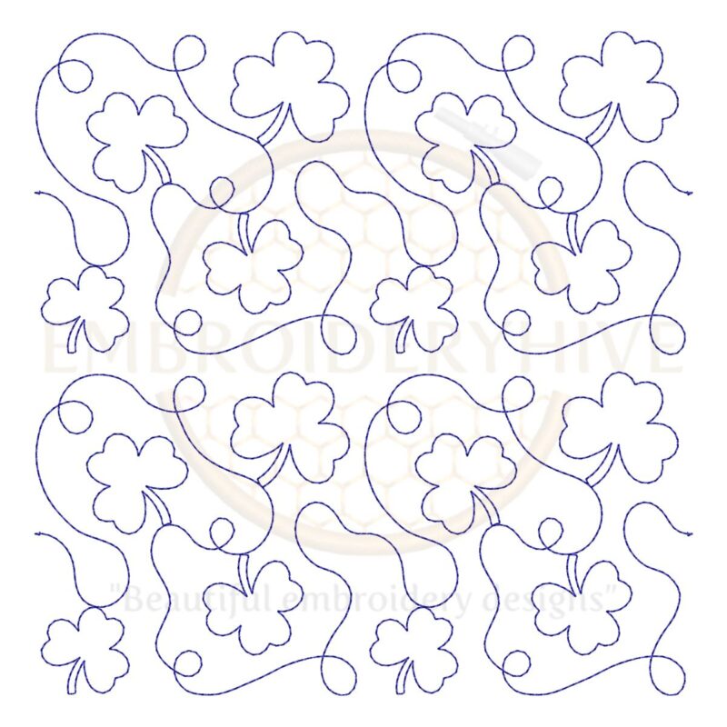 Shamrock quilt block embroidery designs in single-run and triple (bean) stitch styles, 26 sizes from 3 to 12 inches, for square and rectangular hoops.