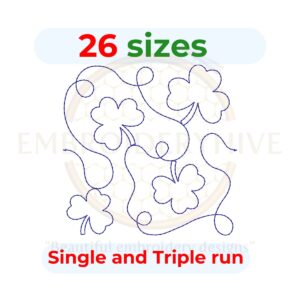 Shamrock quilt block embroidery designs in single-run and triple (bean) stitch styles, 26 sizes from 3 to 12 inches, for square and rectangular hoops.