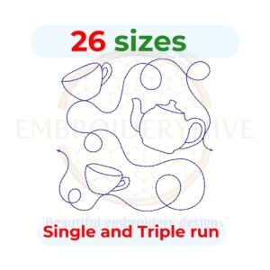 Tea pot Quilt block embroidery designs in single-run and triple (bean) stitch styles, 26 sizes from 3 to 12 inches, for square and rectangular hoops.