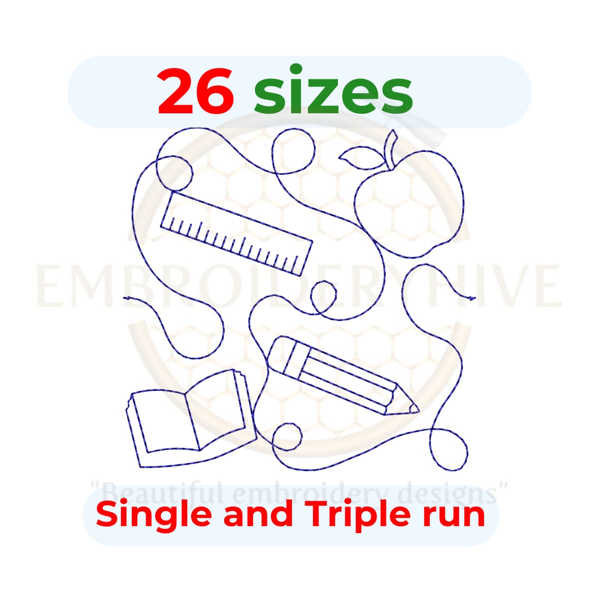 Teacher Quilt block embroidery designs in single-run and triple (bean) stitch styles, 26 sizes from 3 to 12 inches, for square and rectangular hoops.