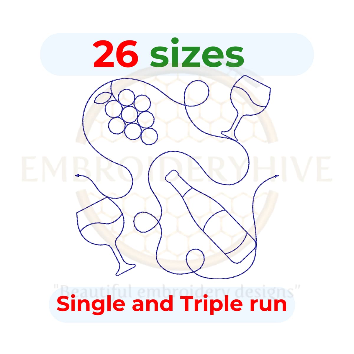 Wine Quilt block embroidery designs in single-run and triple (bean) stitch styles, 26 sizes from 3 to 12 inches, for square and rectangular hoops.