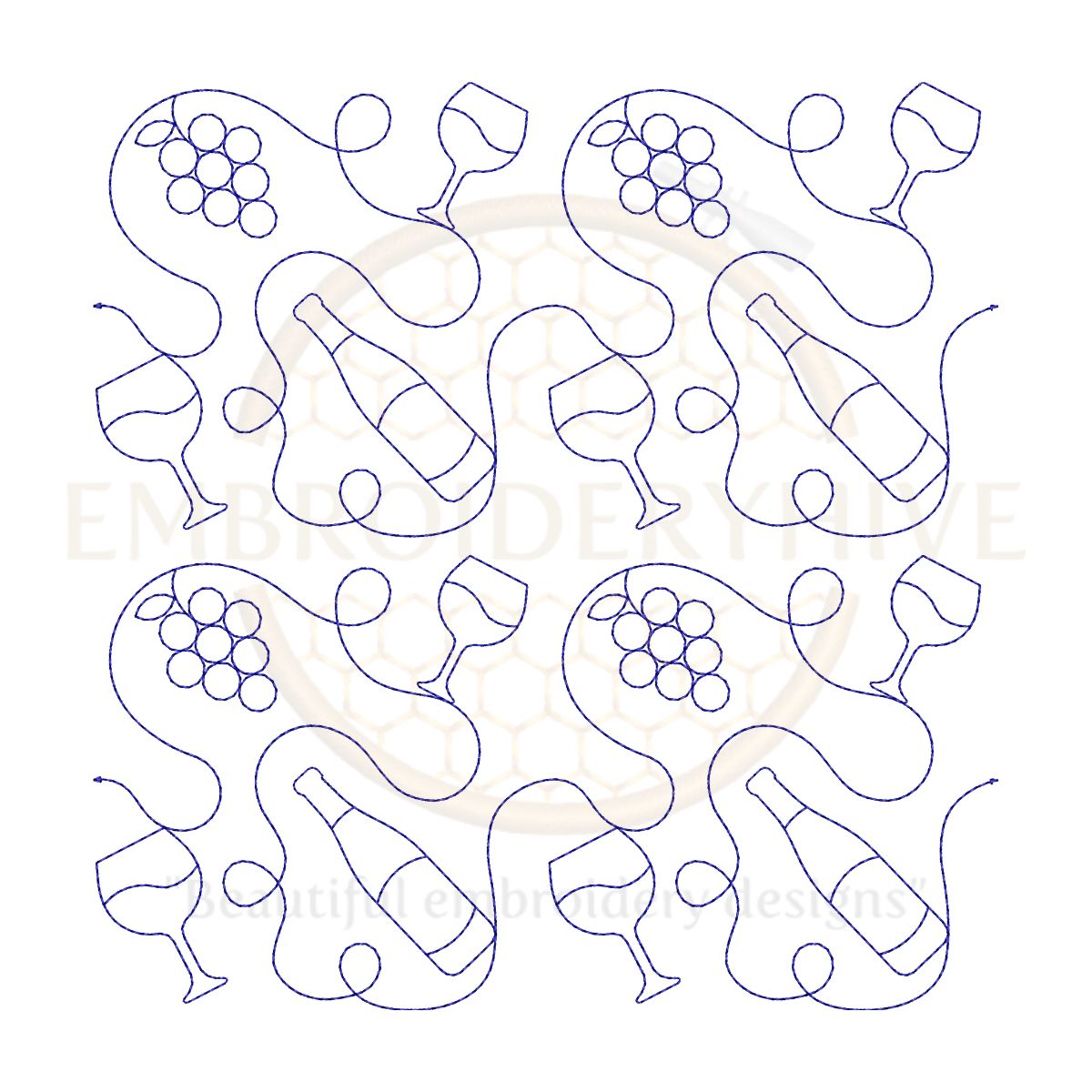 Wine Quilt block embroidery designs in single-run and triple (bean) stitch styles, 26 sizes from 3 to 12 inches, for square and rectangular hoops.