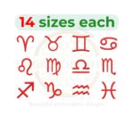 Zodiac signs embroidery set with 12 unique designs in 14 sizes, ranging from 1 to 14 inches, perfect for astrological projects.