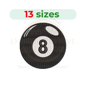 8 Ball Embroidery Design – Classic billiards-themed embroidery file available in 13 sizes from 1.5 to 7.5 inches