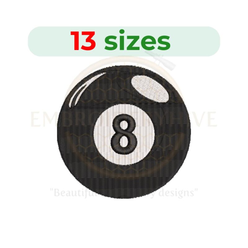 8 Ball Embroidery Design – Classic billiards-themed embroidery file available in 13 sizes from 1.5 to 7.5 inches