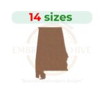 Alabama embroidery design with a fill stitch, available in 14 sizes from 1 to 7.5 inches in height. Perfect for state-themed projects.