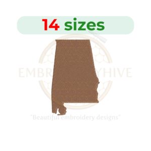 Alabama embroidery design with a fill stitch, available in 14 sizes from 1 to 7.5 inches in height. Perfect for state-themed projects.