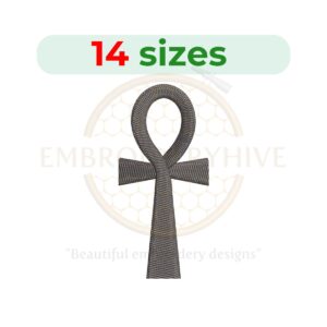 Ankh symbol embroidery design in 14 sizes, from 1 to 7.5 inches, ideal for Egyptian-themed projects.