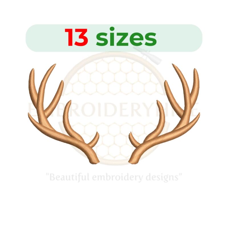 Antlers embroidery design set with 13 sizes, featuring both combined and separate antlers for customizable spacing. Ideal for deer and animal-themed embroidery projects.