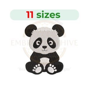 Baby Panda embroidery design featuring a panda silhouette in mini sizes, available in 11 heights from 2.5 to 7.5 inches.