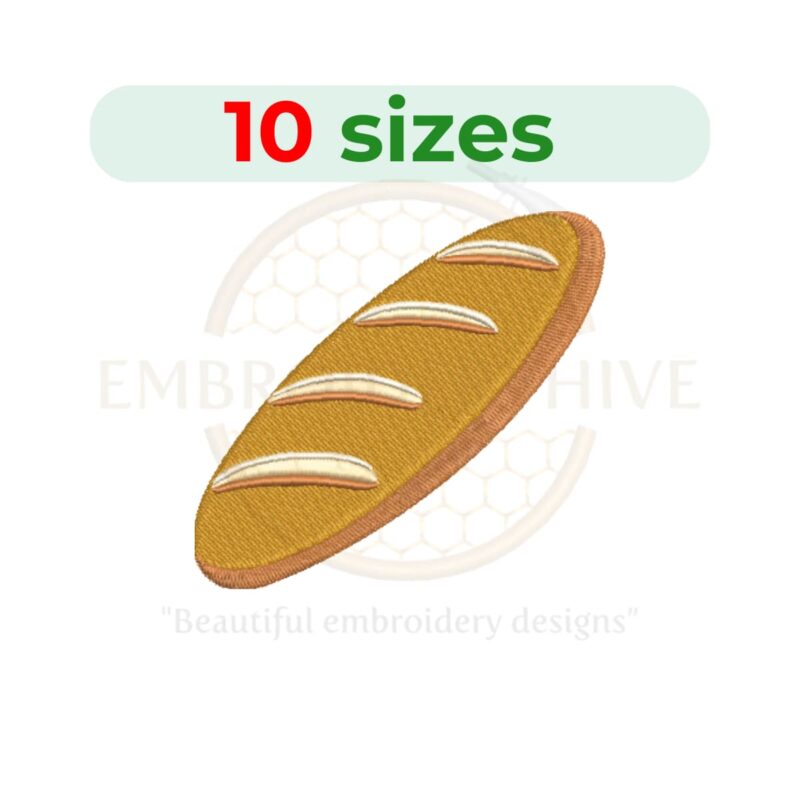 Baguette Embroidery Design – Bread-themed embroidery file in 10 sizes from 3 to 7.5 inches."