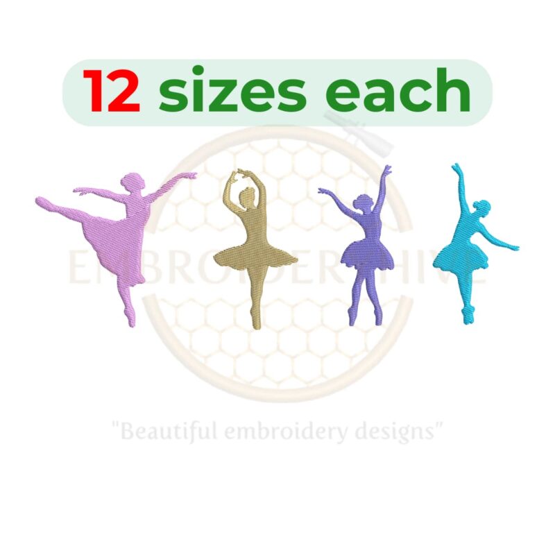 Set of 4 ballerina dancer silhouette embroidery designs in 12 sizes, ranging from 2 to 7.5 inches in height, perfect for ballet-themed projects.