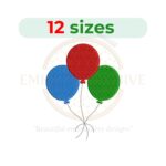 Balloons embroidery design featuring a set of three filled stitch balloons, available in 12 sizes.