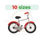 Bicycle embroidery design featuring 10 sizes from 3 to 7.5 inches in width. Perfect for sports and kids' projects. Formats available: DST, EXP, PES, and more.