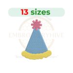 Birthday hat embroidery design with filled stitch, perfect for party-themed projects, available in 13 sizes from 1.5 to 7.5 inches.