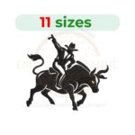 Bull Rider Embroidery Design – Western rodeo-themed embroidery file available in 11 sizes from 2.5 to 7.5 inches.