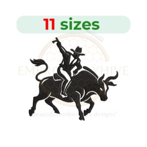 Bull Rider Embroidery Design – Western rodeo-themed embroidery file available in 11 sizes from 2.5 to 7.5 inches.