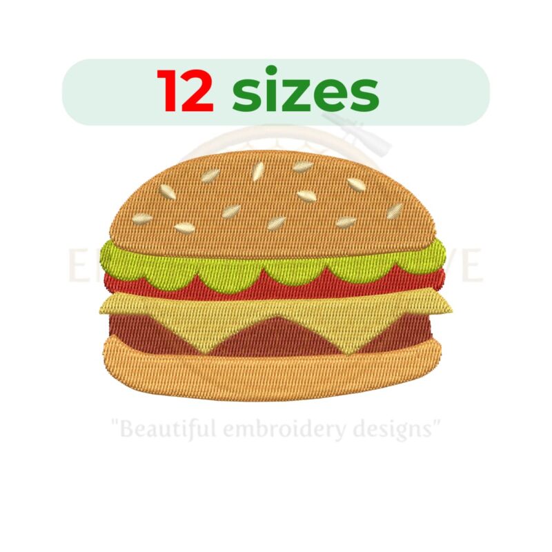 Burger embroidery design in 12 sizes, perfect for machine embroidery projects like garments and kitchen décor.