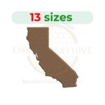 California map embroidery design with fill stitch, available in 14 sizes from 1 to 7.5 inches in height, ideal for state-themed embroidery projects.