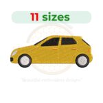 Car embroidery design available in 11 sizes, featuring a car silhouette in fill stitch for machine embroidery projects.