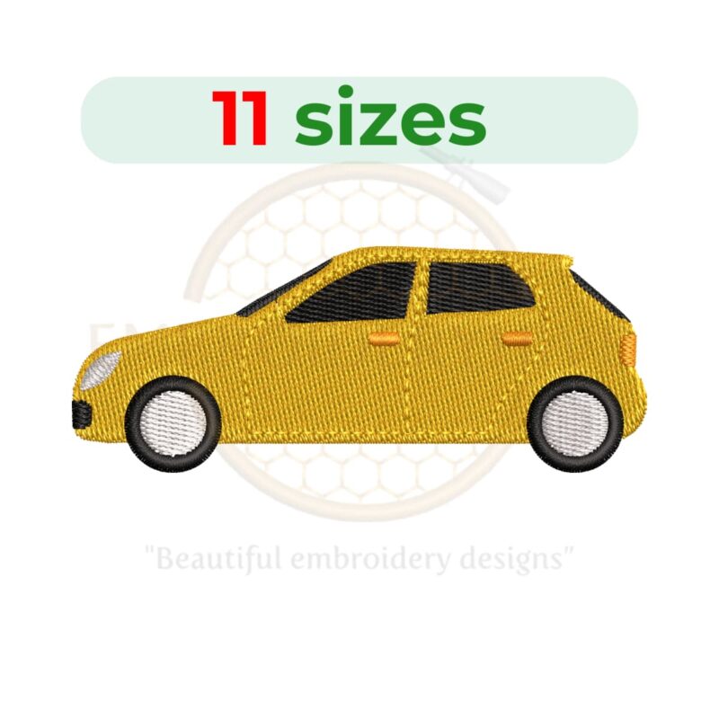 Car embroidery design available in 11 sizes, featuring a car silhouette in fill stitch for machine embroidery projects.