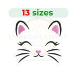 Pretty cat face embroidery design in 13 sizes, ranging from 1.5 to 7.5 inches in width, perfect for feline-themed projects.