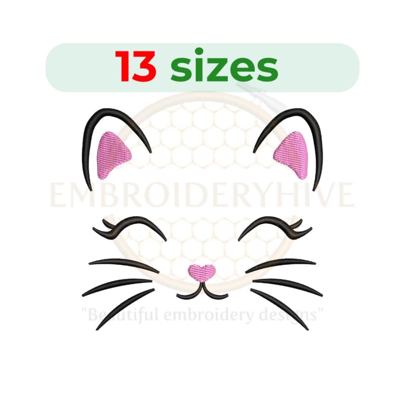 Pretty cat face embroidery design in 13 sizes, ranging from 1.5 to 7.5 inches in width, perfect for feline-themed projects.