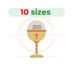 Chalice Embroidery Design – Elegant goblet embroidery file available in 10 sizes from 3 to 7.5 inches.