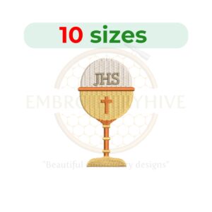 Chalice Embroidery Design – Elegant goblet embroidery file available in 10 sizes from 3 to 7.5 inches.