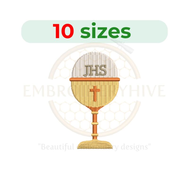 Chalice Embroidery Design – Elegant goblet embroidery file available in 10 sizes from 3 to 7.5 inches.