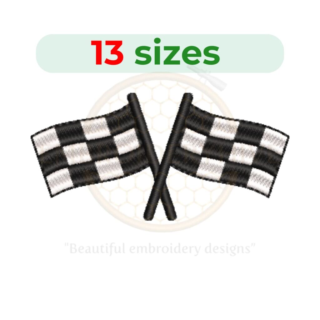 Checkered Flag Embroidery Design – Racing finish line flag embroidery file in 13 sizes from 1.5 to 7.5 inches.