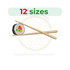 Chopsticks with sushi roll embroidery design in 12 sizes, perfect for Asian cuisine-themed machine embroidery projects.