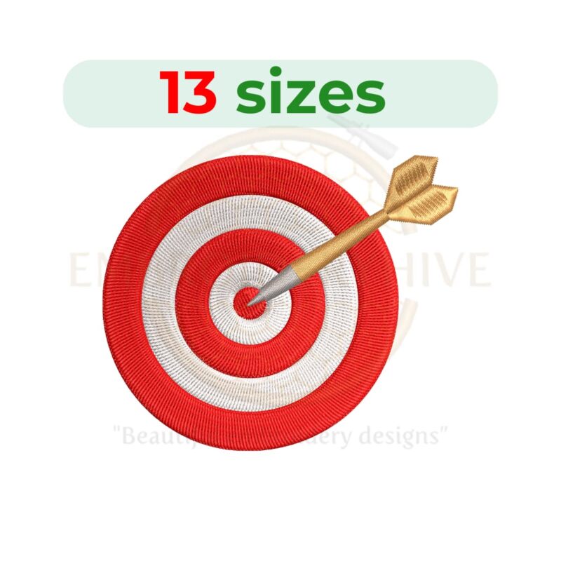 Dartboard and target embroidery design in 13 sizes, featuring a fill stitch dartboard silhouette for machine embroidery.