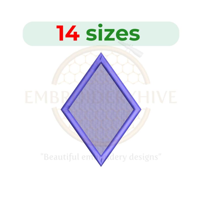 Diamond shape embroidery design available in 14 sizes, ranging from 1 to 7.5 inches in height, perfect for basic shapes projects.
