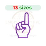Finger pointing hand embroidery design in 13 sizes, ranging from 1.5 to 7.5 inches.