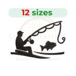 Fisherman embroidery design in 12 sizes, featuring a fisherman with a fishing pole in fill stitch, perfect for fishing-themed projects.