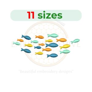 Fishes Embroidery Design – A detailed fish-themed embroidery file available in 11 sizes from 2.5 to 7.5 inches.