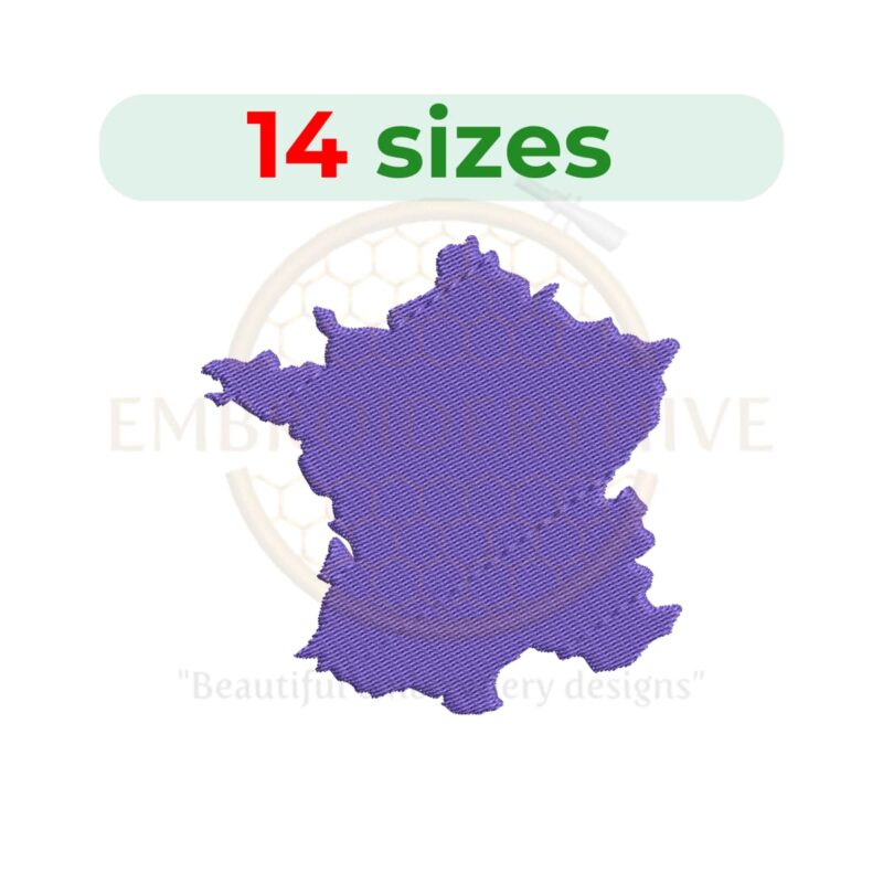 France map embroidery design with filled stitch, available in 14 sizes from 1 to 7.5 inches in width/height, perfect for country-themed embroidery projects.