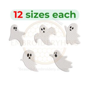 Set of 5 spooky ghost embroidery designs for Halloween, available in 12 sizes from 2 to 7.5 inches in height, perfect for Halloween-themed projects.