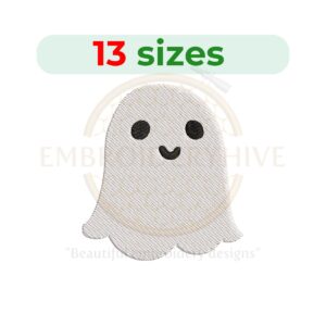 Ghost embroidery design available in 13 sizes, perfect for Halloween-themed projects, ranging from 1.5 to 7.5 inches in height.